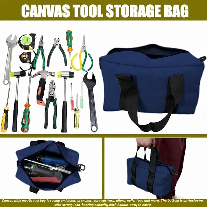 BLIRITEL Wide Mouth Tool Bag, Heavy Duty Canvas Tool Storage Bag, Large Capacity Handbag, Multi-function Tool Organizer Tote Bag for Storage Wrenches Pliers (Navy Blue, 18 Inch)