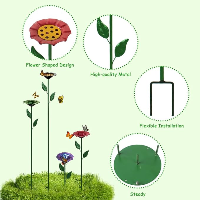 dreamysoul 4 Pack Bee Watering Station, Bee Waterer for Honey Bee & Butterfly, Metal Bee Bath with Flower Design for Garden Yard