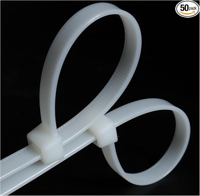 Heavy Duty Cable Ties 24 Inch 50 Pack, UV Resistant Outdoor Zip Ties with 200 lbs Tensile Strength, Self-Locking White Nylon Ties for Indoor Outdoor Electrical Wiring, Gardening QCSJALM