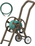 Garden Hose Reel Cart with Wheels, Holds 165 ft of 5/8’’ Hose Outdoor Heavy Duty Powder-coated Steel Water Storage Winder Holder with 3.9 Ft Leader Hose for Outside Lawn Yard, Brown