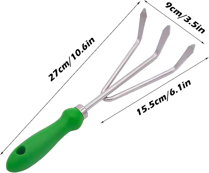 Garden Rake Tiller Tool - Stainless Steel Weeder with Ergonomic Handle , Rust Resistant , 3 Prong Hand Claw for Loosening and Aerating Soil , Ideal for Garden Weeding Smoothing Soil