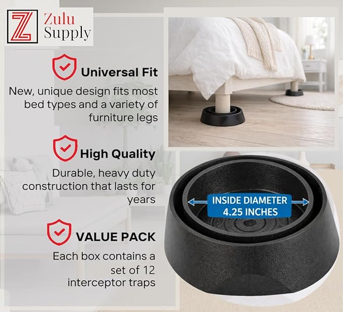 Bed Bug Interceptor Traps – Black 12-Pack Passive Monitor & Detection Trap – Universal Fit for Bed & Furniture Legs – Reusable Non-Climbable Wall Pest Control Protection (Black 12-Pack)