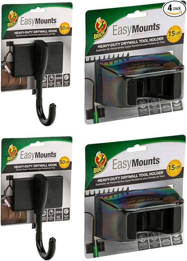 Duck Brand EasyMounts Garage Hooks Heavy Duty Hanging - 2 Hooks & 2 Tool Holders - Storage for Garden Tools, Cords & Equipment - Wall Mount Hanger Hooks - Up to 50 lbs, Black