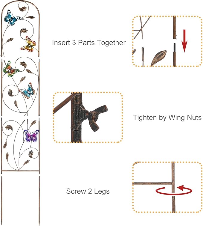 2 Pack Metal Garden Trellis with Colorful Butterfly 60 Inch High Outdoor Decoration Arched Fence Trellis for Climbing Plants for Patio, Lawn, Yard, Backyard, Wall Brackets
