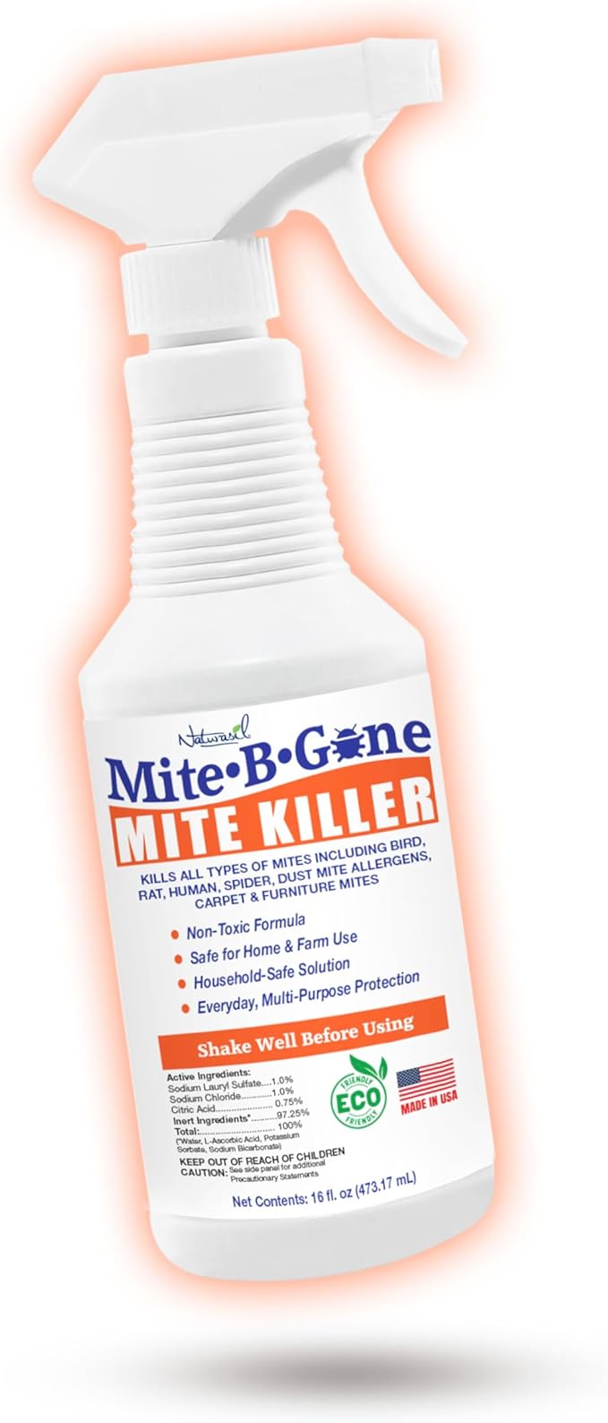 Dust Mite Killer Spray by Mite-B-Gone 16oz | Naturally Kills Human Mites, Chicken, Bird, Dust, Spider, Rat, Turkey, Carpet Mites | Family & Pet Safe Treatment for Homes, Furniture, Bedding & Farms