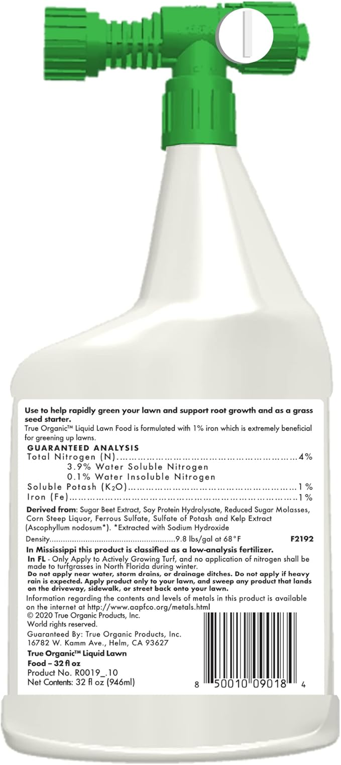 True Organic Liquid Lawn Food – Rapid Green-Up Lawn Fertilizer with 1% Iron – Covers Up to 2,000 Sq. Ft. – 32 fl. oz. Hose-End Sprayer