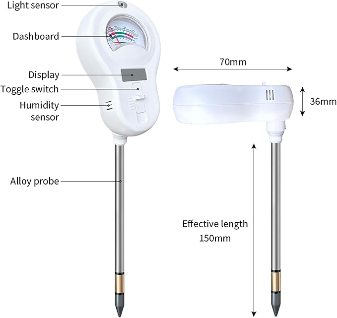 6-in-One Soil Test Kit-Soil Moisture Meter/PH Meter/Fertility/Sunlight Intensity Soil Tester, Dual Screen Meter Display & Rotatable Head for Indoor&Outdoor Plants, Lawn&Farm