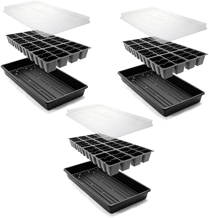 Greenhouse Megastore Seed Starter Kit - 3 Pack of Seedling Trays 1020 No Holes Heavy Duty, Seed Planting Growing 48-Cells Inserts Plug Trays & 2" Tall Humidity Domes for Seed Starting