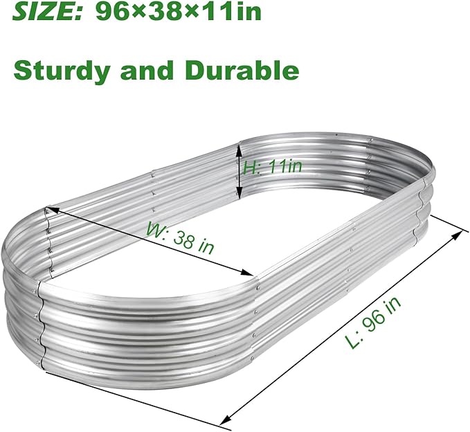 Raised Garden Bed GRS Certified Galvanized Planter Box Outdoor, 8ft Oval Rot-Resistant Metal Garden Bed Planter, Recycled Eco-Friendly Material Planter for Vegetables Flowers Herbs (Silver)