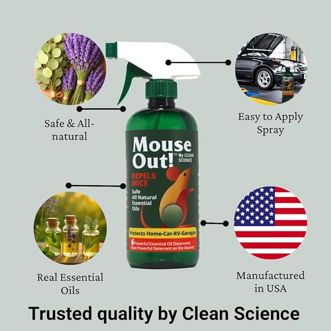 Mouse Out! All-Natural Rodent Repellent Spray – 16oz Essential Oil Formula – Protects Car Wiring & Stops Mice in Kitchens, Homes, RVs, and Garages – Safe for Pets & Kids