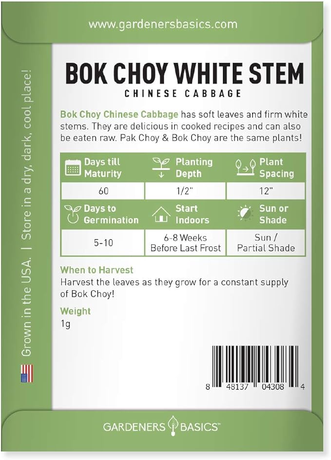 Gardeners Basics, Bok Choy Chinese Cabbage Seeds for Planting - (Pak Choi) Heirloom, Non-GMO Vegetable Variety- 1 Gram Seeds Great for Summer, Spring, Fall and Winter Gardens