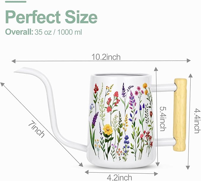 Watering Can Indoor Plants, 35 oz/1000 ml Metal Stainless Steel Watering Can Pot with Long Spout for Indoor House Plants Bonsai Outdoor Garden Flower Decorative White Flowers
