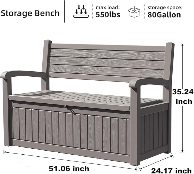 PatioZen 80 Gallon Outdoor Storage Bench Waterproof Lockable,Outdoor Storage Furniture for Patio,Garden and Porch,Tools and Cushions