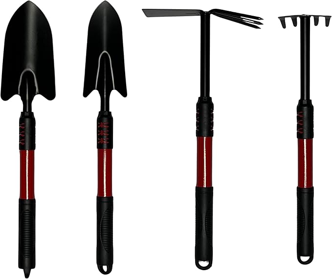 4-Piece Garden Tool Set with Ergonomic Non-Slip Handles - Hand Trowel, Transplanter, Cultivator, Rake for Gardening, Planting, Weeding