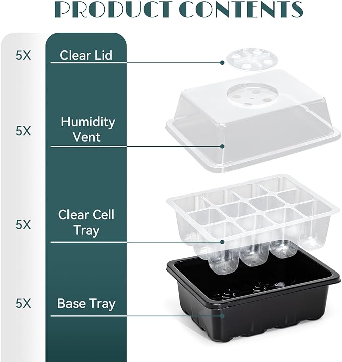 5-Pack Seed Starter Tray Seedling Kits,Plant Starter Kit with Adjustable Humidity Dome and Base Indoor Greenhouse Mini Propagator for Seeds Growing Starting(Blck)