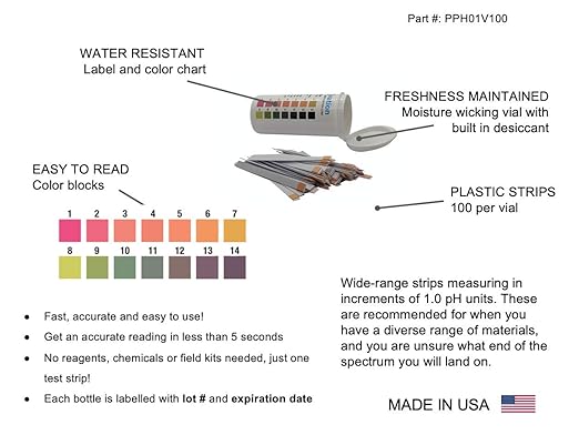 pH 1-14 Wide Range Test Strips [Moisture-Proof Vial of 100 Strips] Made in USA