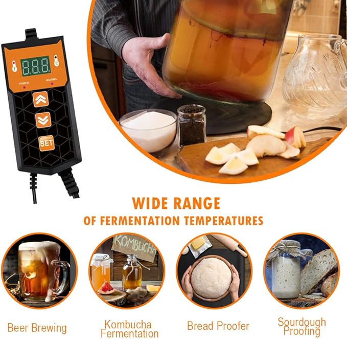 Brewing Heat Pad Sourdough Proofing Heat Mat with Temperature Controller Auto Off Timer for Home Beer Brewing Kombucha Yogurt Kefir Fermentation Sourdough Bread Proofing (With Controller, 2 Pack)
