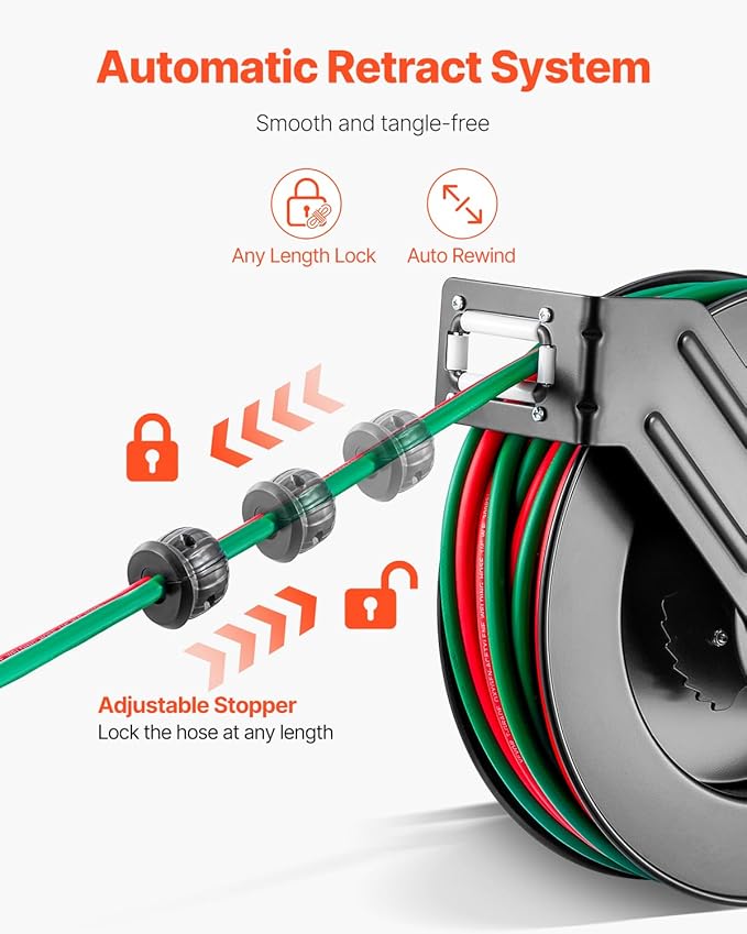 VEVOR Retractable Welding Hose Reel, 1/4-Inch x 50FT Twin Oxygen Acetylene Rubber Hose Max 300PSI - T Grade, Ceiling/Wall Mount Heavy Duty Steel Hose Reel Auto-Rewind, Ideal for Workshops Garages