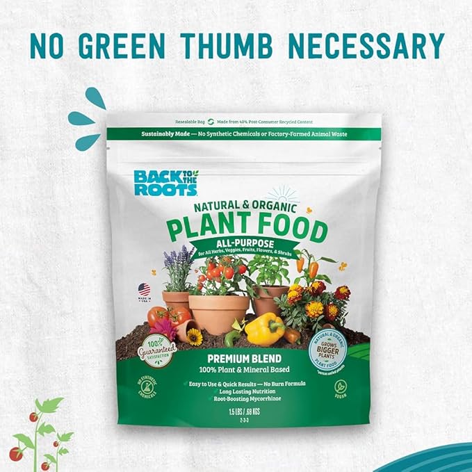 Back to The Roots All-Purpose Plant Food - Organic, Sustainably-Made for Indoor Plants with Kelp and Alfalfa Meal, Mycorrhizae, and Rock Phosphate Minerals - 1.5 lb Premium Blend