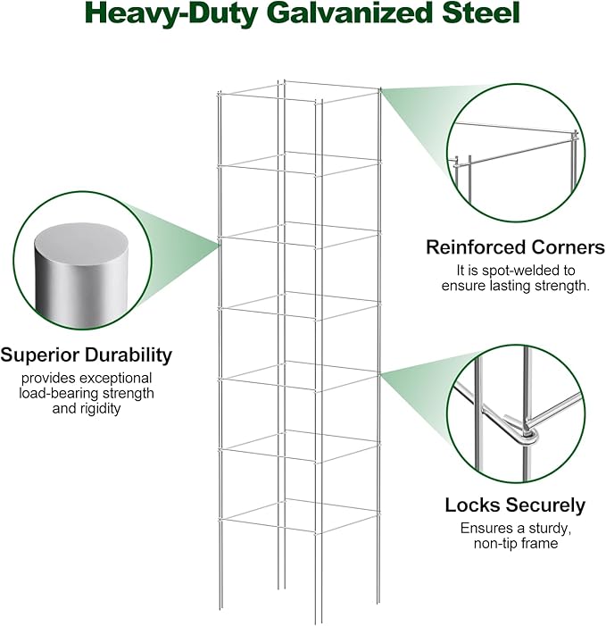 SPECILITE Square Foldable Tomato Cages 3 Pack, 13" W x 56" H Heavy Duty Galvanized Steel Plant Support Trellis for Garden, Tomatoes, Plant, Tool-Free & Rust Resistant for Outdoor Use (Include Gloves)