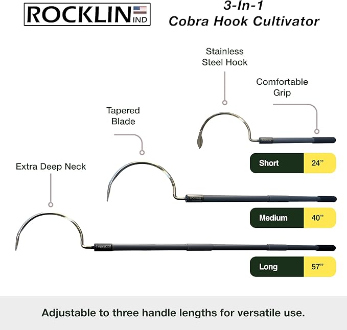 Rocklin Industry Cobra Hook 3-in-1 (24"/40"/57") Cultivator, Heavy-Duty Garden Hand Tool for Weeding, Digging & Soil Loosening – Three Lengths, Stainless Steel Blade, Ergonomic Grip.