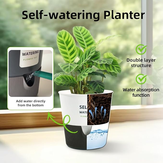 Flower and Plant Pot, Self Watering Plastic Plants Planter with Drainage Holes and Saucers, Modern Outdoor Indoor Decorative Flower Pot for Plants, Flowers, Herbs, Succulents (White, 7.5 inch)