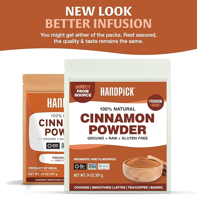 HANDPICK, Cinnamon Powder (397g/14oz) Non GMO, Gluten Free, 100% Raw, Sourced from South India, For Cooking, Smoothies, Lattes, Tea, Packed in Resealable Ziplock Pouch