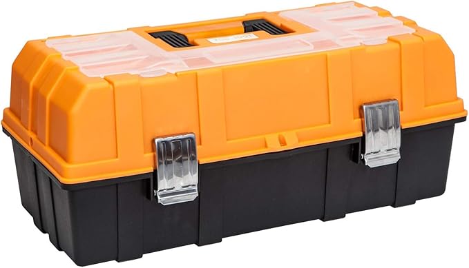 Jack Boss 17 Inch 3-Tier Portable Plastic Tool Box – Multi-Function Organizer, Black/Orange