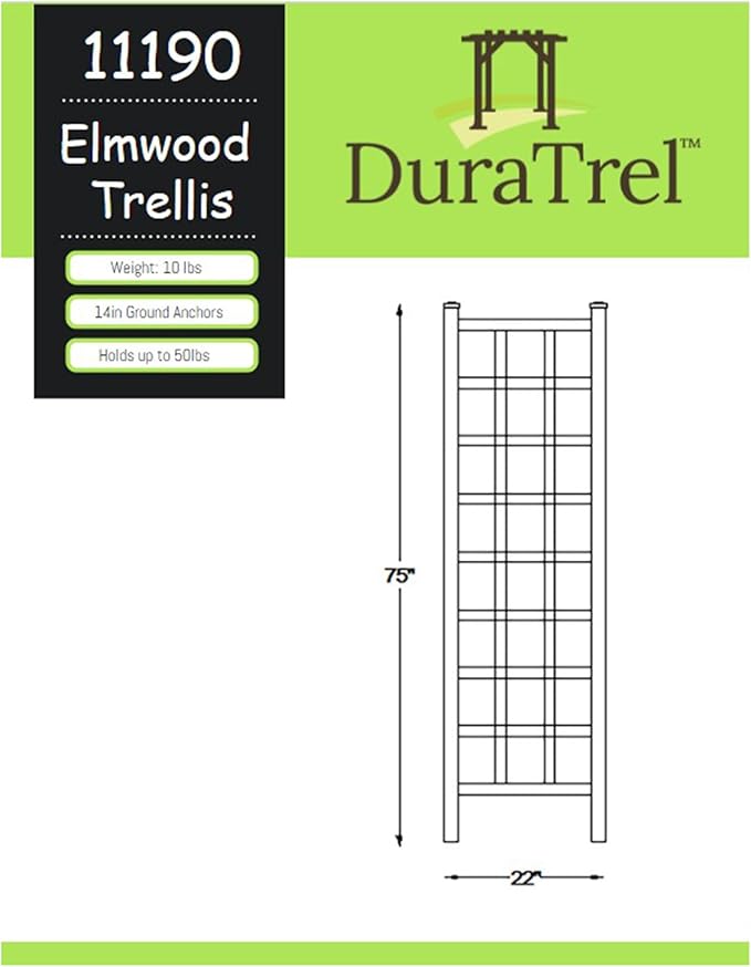 Dura-Trel Elmwood 22 by 75 Inch Indoor Outdoor Garden Trellis Plant Support for Vines and Climbing Plants, Flowers, and Vegetables, with Ground Anchors White