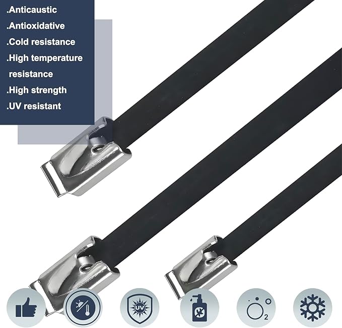 30PCS 11.8" Black Epoxy Coated Metal Zip Ties, Heavy Duty Self-Locking Stainless Steel, Corrosion Resistant for Harsh Environments, Ideal for Machinery, Vehicles, Farm, Cable & Pipe Binding