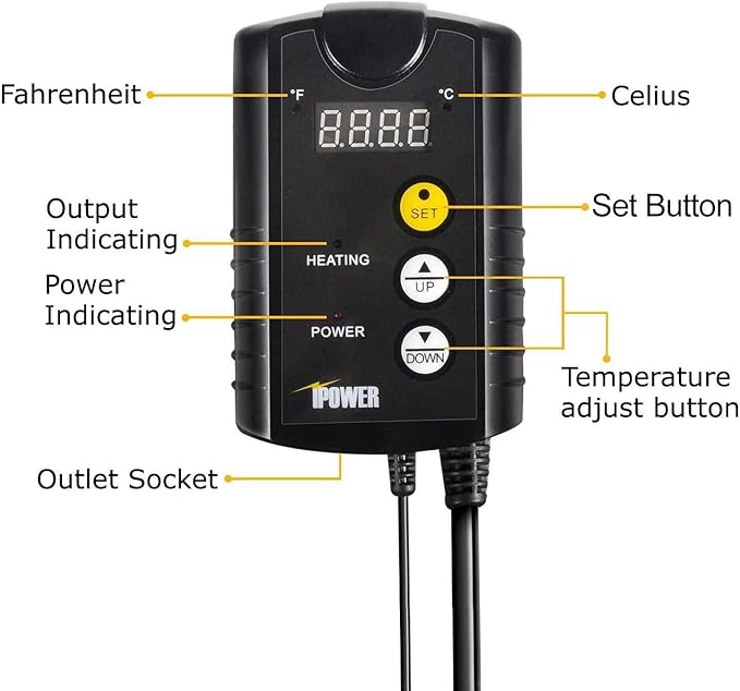 Simple Deluxe 150W Reptile Heat Bulb and 40-108 Degrees Fahrenheit Digital Thermostat Controller Included, for Amphibian Pet & Incubating Chicken, Black
