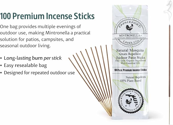 Farm Raised Candles Mintronella Citronella & Peppermint Mosquito Repellent Incense Sticks – 100 Pack – USA‑Made Natural Bug & Insect Repellent – Outdoor Camping, Patio Decor – No‑See‑Um & Gnats, Fly