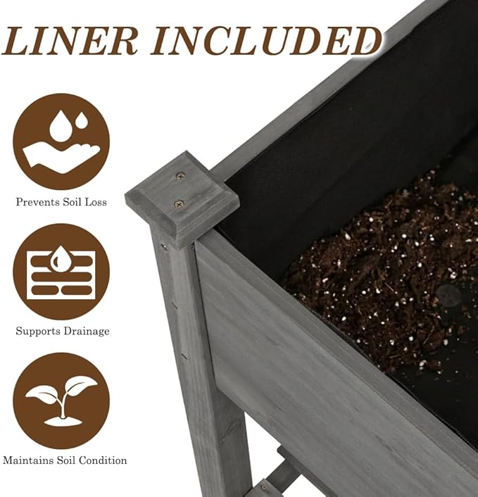 Raised Garden Bed with Lockable Wheels, 48x24x32 inch Elevated Wood Planter with Storage Shelf Protective Liner for Vegetable Flower Herb Outdoor Balcony Patio Backyard, Grey