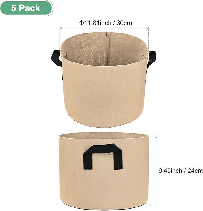 M METERXITY 5-Pack Plant Grow Bags 5 Gallon Grow Bags 300G Thickened Fabric Pots with Durable Handles Plant Garden Grow Pots for Fruits/Vegetables/Flowers/Plants [Khaki]