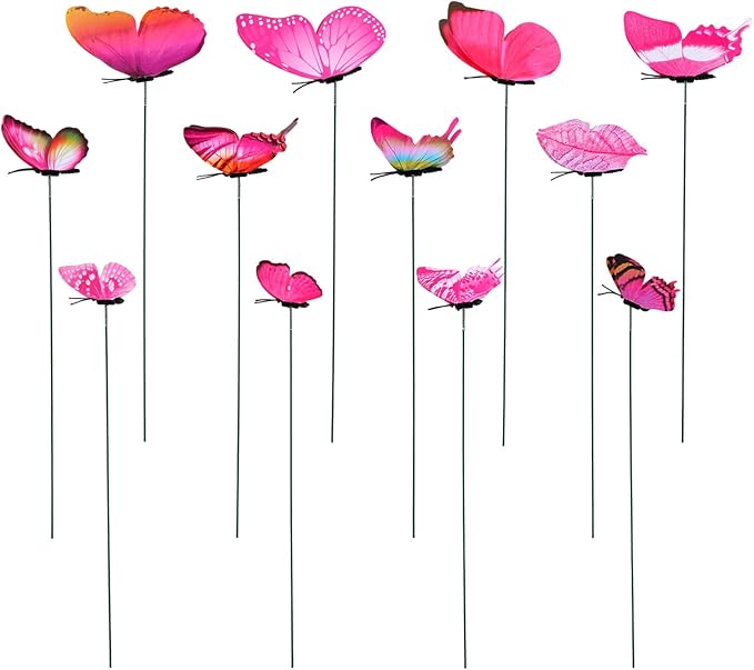12pcs Decorative Butterfly Plant Stakes, 9.8in Lifelike Butterfly Garden Stakes PVC Waterproof Flower Pot Decorations for Garden Lawn Patio Indoor Outdoor Yard Planter Art Decor (Pink)