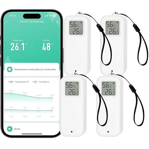 PHOVOLT WLAN Thermometer Hygrometer Sensor, Wireless Smart Temperature and Humidity Digital Display Monitor, with Remote App Notification Alert for Home, Greenhouse(4 Pack)