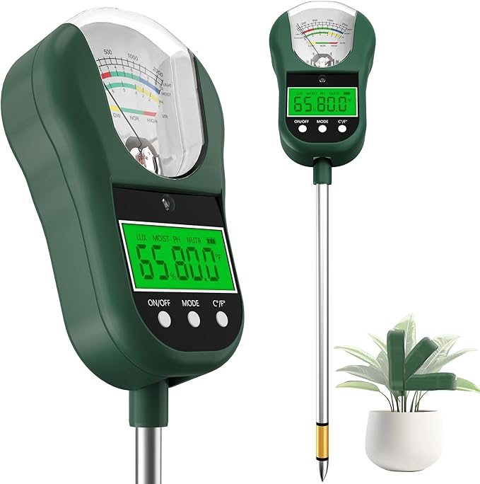 7-in-1 Soil Test Kit, Soil Moisture Meter/pH Meter/Light Intensity/Fertility/Air & Soil Hygrometer Temperature with Large Dual Display for Garden,Lawn, Farm, Indoor Outdoor Plants-DarkGreen