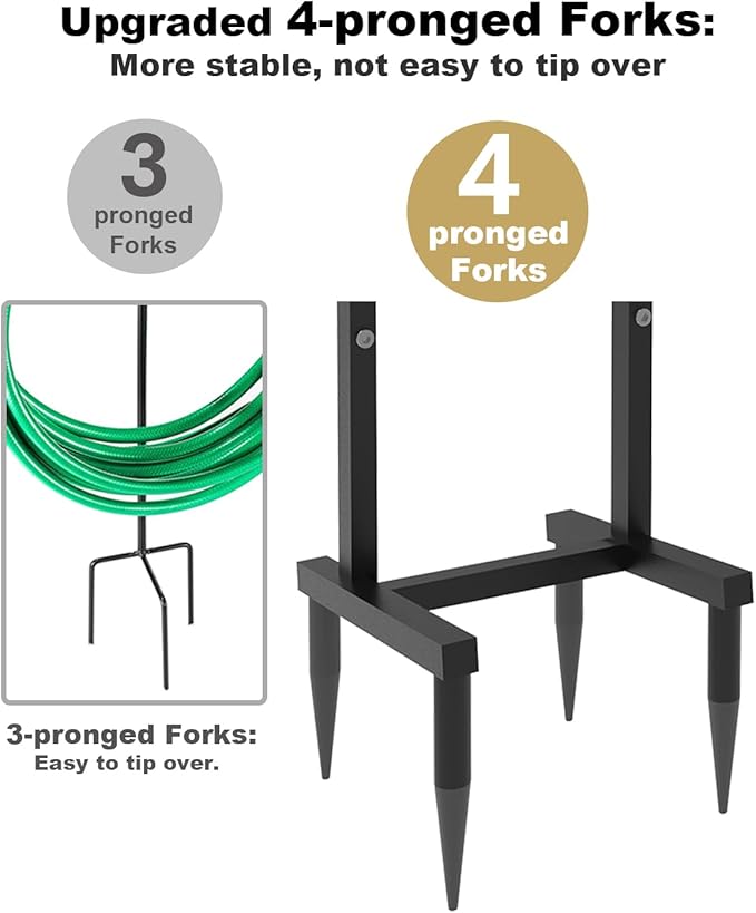 Outdoor Garden Hose Holder Freestanding with 4 Spikes, Heavy Duty Metal Water Hose Reel Stand Hanger Rack Organizer Holds Storage 150ft Hose for Outside Yard Lawn, Black