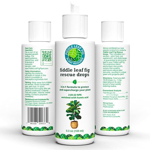 Fiddle Leaf Fig Rescue Drops – Treats Root Rot, Brown Spots, Leaf Drop & Stress | Immune Boosting Liquid Formula Concentrate | Easy to Use | Safe for All Tropical Plants | 3.3 oz | Made in USA