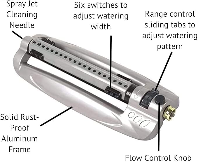 Rocky Mountain Goods Metal Oscillating Lawn Sprinkler - Rust-Proof Aluminum Base - 4,100 Sq. Ft. Coverage - Easy Adjust Range Control - Built-in Spray Jet Cleaning Needle