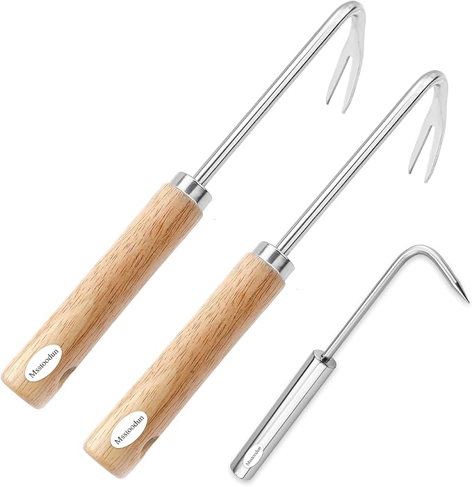 2 Pack Double Claw Root Hook Weeding Tool with Wooden Handle, Hand Weeder Tool for Garden Weed Removal, Manual Weed Puller for Deep Roots & Dandelions, Bonus Stainless Steel Single Claw Root Hook