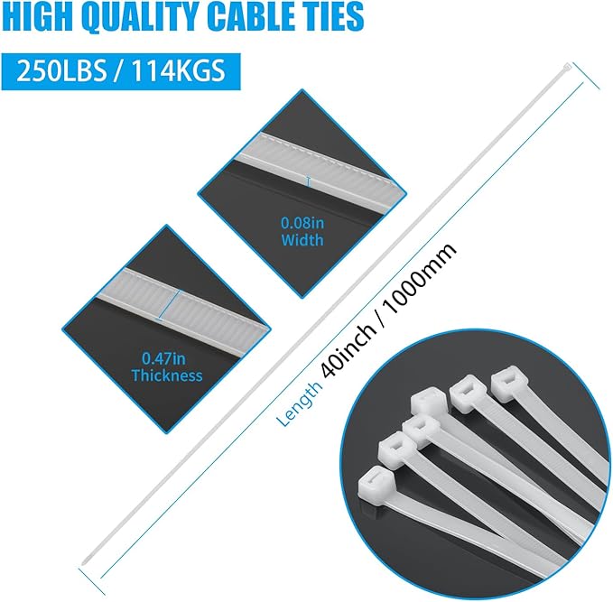 40 inch White Zip Ties Heavy Duty 30 PCS, 250LBS Ultra Exclusive Strong Plastic Wire Ties, Large Cable Ties Extra Long Tie Wraps, Indoor and Outdoor UV Resistant