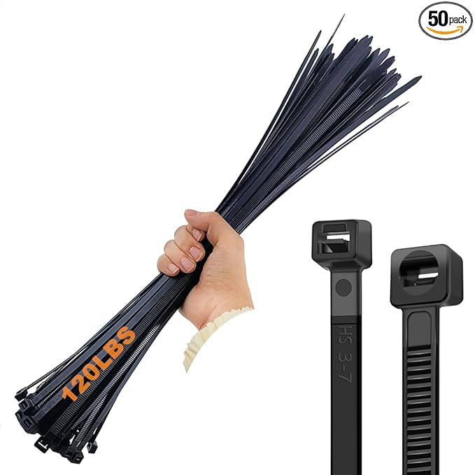 HS 18 Inch Zip Ties Black Heavy Duty 120 Pounds Wide Straps (50 Pack) Nylon PA66 UV Resistant,Self-Locking Large Long Electrical Plastic Cable Wire Zipties for Outdoor Use,Multi Purpose