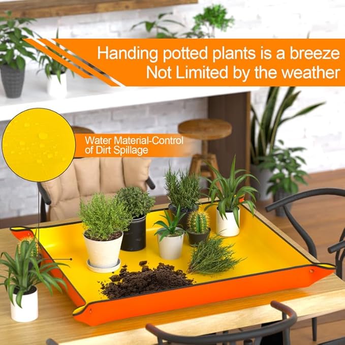 Emycool 39.5" x 31.5" Large Repotting Mat for Indoor Plants Transplanting and Potting Soil Mess Control, Waterproof Portable Succulent Plant Repotting Tray Gardening Gifts for Women, Orange