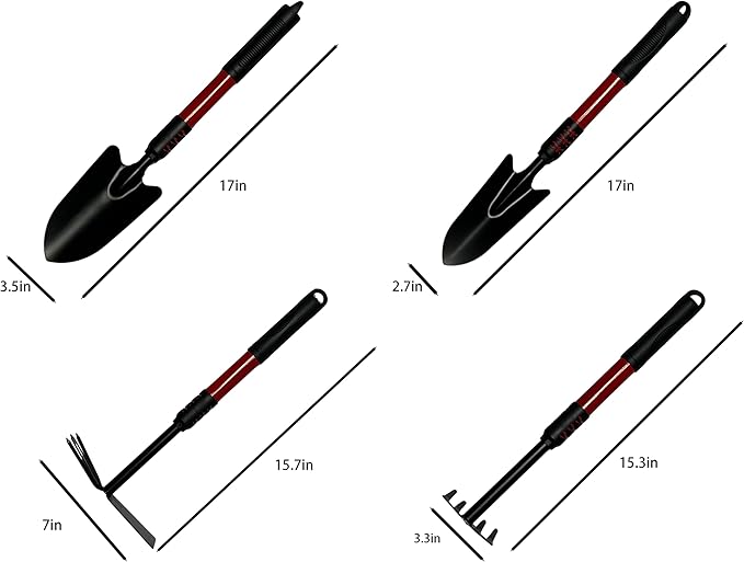 4-Piece Garden Tool Set with Ergonomic Non-Slip Handles - Hand Trowel, Transplanter, Cultivator, Rake for Gardening, Planting, Weeding