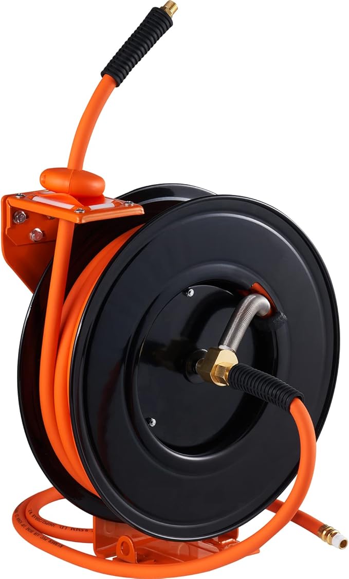 VEVOR Retractable Air Hose Reel, 3/8 IN x 50 FT Hybrid Air Hose Max 300PSI, Air Compressor Hose Reel with 5 ft Lead in, Ceiling/Wall Mount Heavy Duty Single Arm Steel Reel