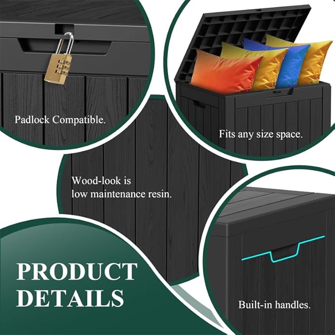 Waterproof Outdoor Storage Box, 30 Gallon Lockable Deck Box, UV-Resistant Outside Storage Bin With Hydraulic Lid For Patio Furniture, Cushion Organizer, Garden Tools, Pool Accessories, Black