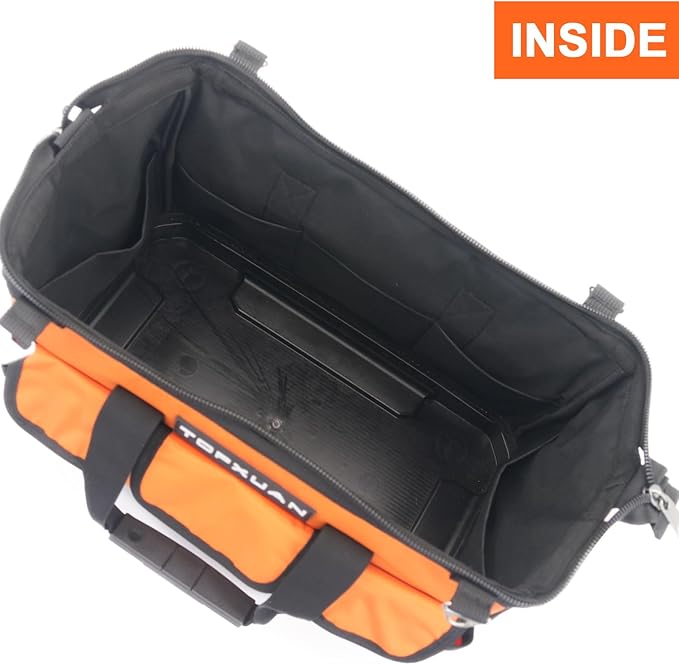 16 Inch Heavy Duty Tool Bag - Molded Plastic Base, Waterproof 900D Oxford Cloth, 16 Pockets Wide Mouth Tool Organizer with Shoulder Strap for Power/Hand Tools (Orange)