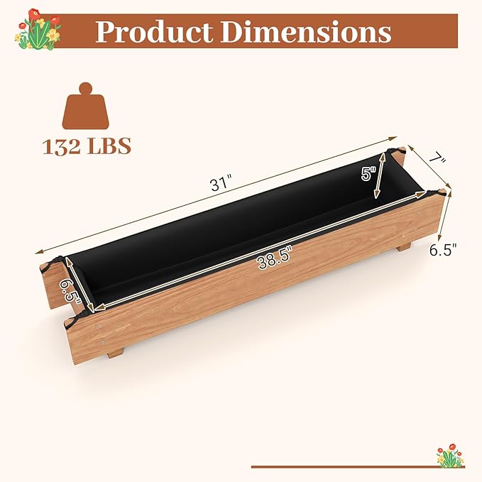 HAPPYGRILL Raised Garden Bed, Wood Flower Planter Box w/4 Drainage Holes, Black Liner for Containing Soil, Indoor Outdoor Wooden Plant Container for Backyard, Patio, Balcony (2,36" x 7" x 6.5")