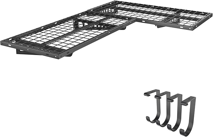 FLEXIMOUNTS 2 Pack 2x4ft Corner Wall Shelving with 4 Hooks, 24x48 inch Garage Storage Rack Floating Shelves, 660lbs Total Weight Capacity, Black, Pro Series